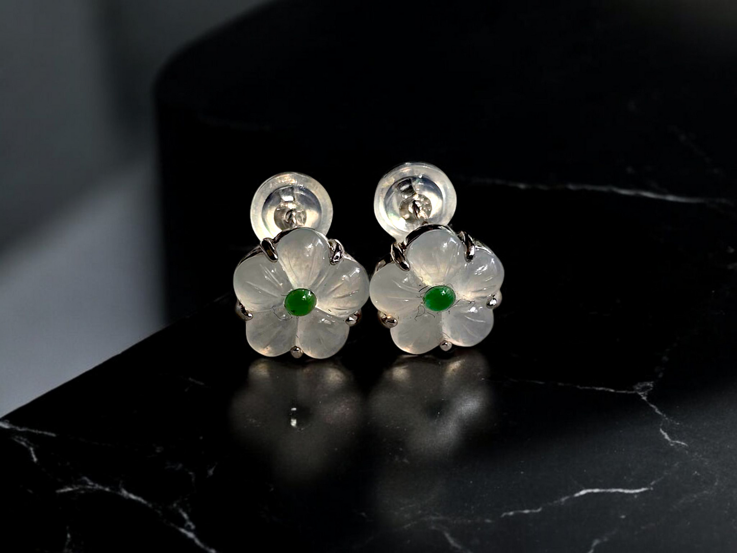 Hokkaido Flowers Burmese Green and White A-Jade Stud Earrings with Sterling Silver- Certified