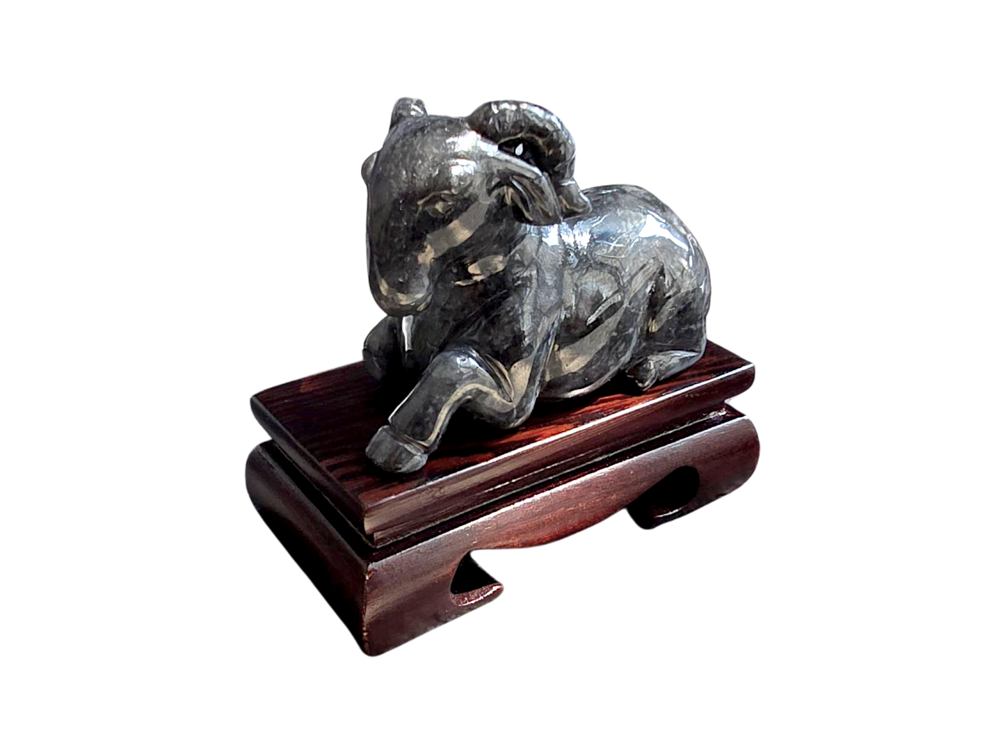 Relaxed Ram Black Burmese A-Jadeite Ornament Showpiece with a Wooden Stand