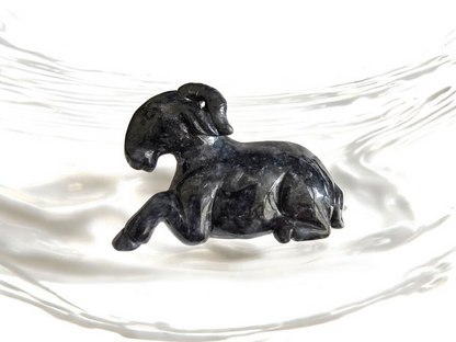 Relaxed Ram Black Burmese A-Jadeite Ornament Showpiece with a Wooden Stand