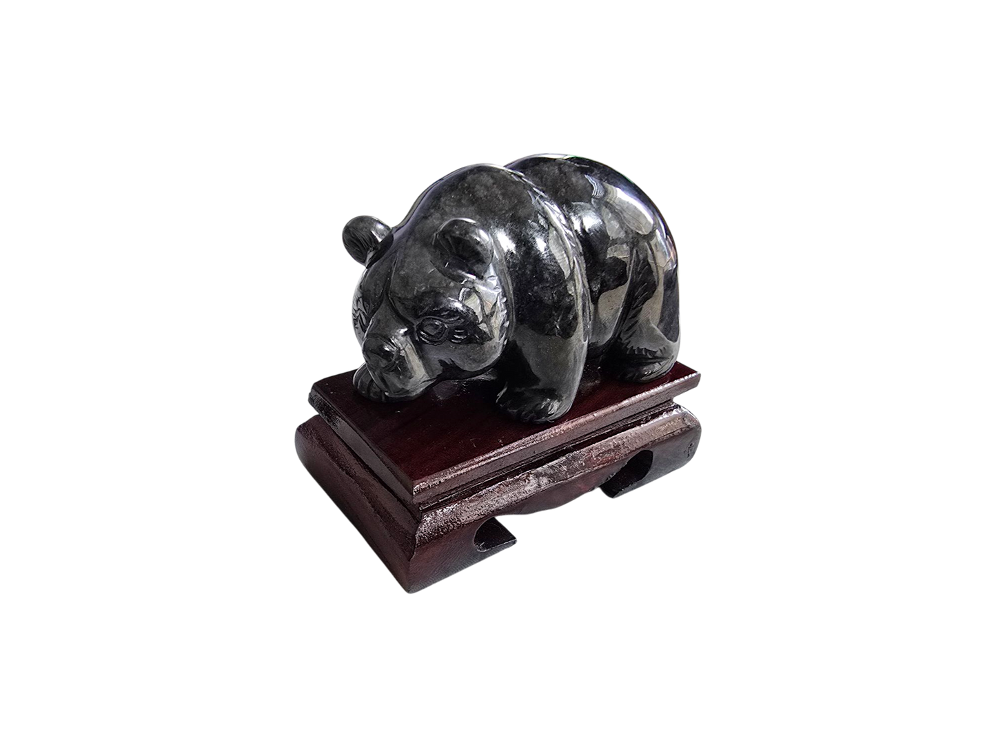 Patrolling Bear Black Burmese A-Jadeite Ornament Showpiece with a Wooden Stand