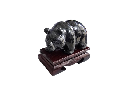 Patrolling Bear Black Burmese A-Jadeite Ornament Showpiece with a Wooden Stand