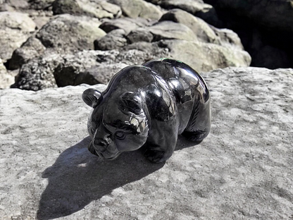 Patrolling Bear Black Burmese A-Jadeite Ornament Showpiece with a Wooden Stand