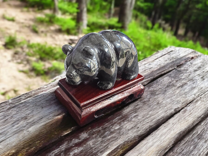 Patrolling Bear Black Burmese A-Jadeite Ornament Showpiece with a Wooden Stand