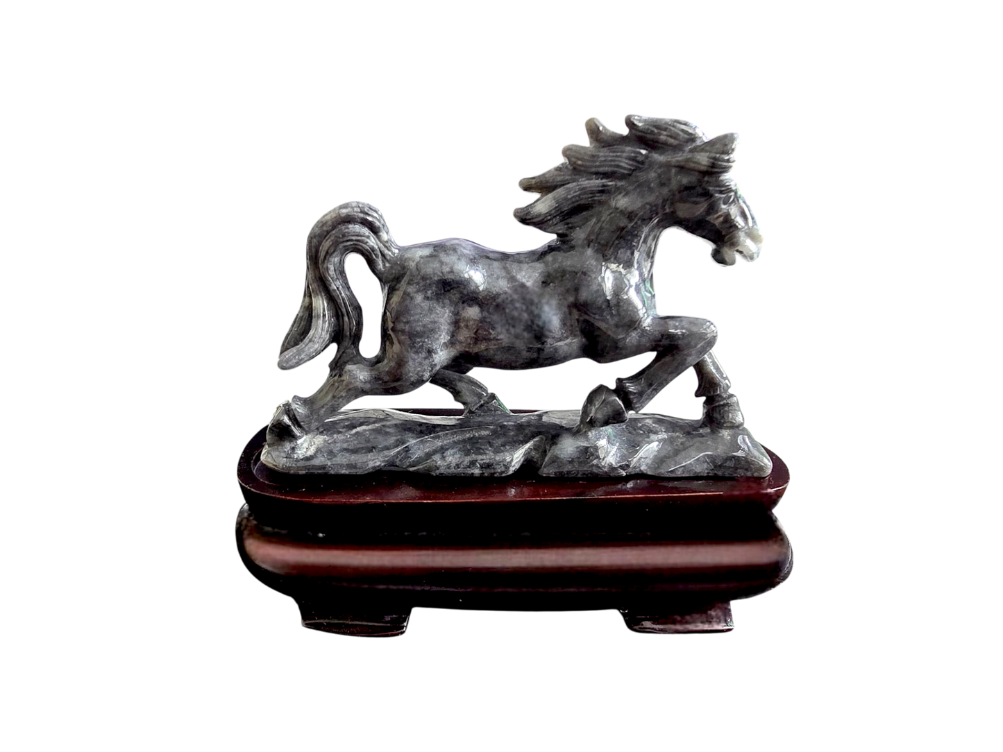 Galloping Horse Black Burmese A-Jadeite Ornament Showpiece with a Wooden Stand