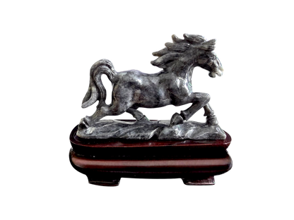 Galloping Horse Black Burmese A-Jadeite Ornament Showpiece with a Wooden Stand