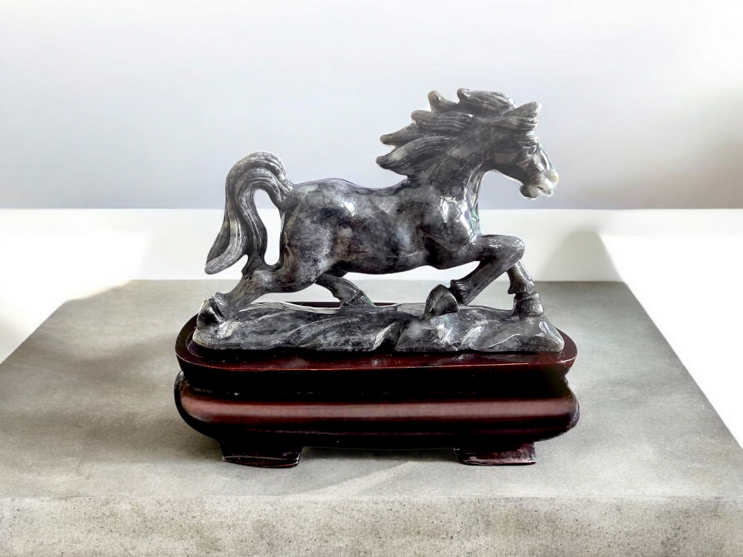 Galloping Horse Black Burmese A-Jadeite Ornament Showpiece with a Wooden Stand