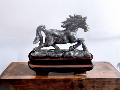 Galloping Horse Black Burmese A-Jadeite Ornament Showpiece with a Wooden Stand