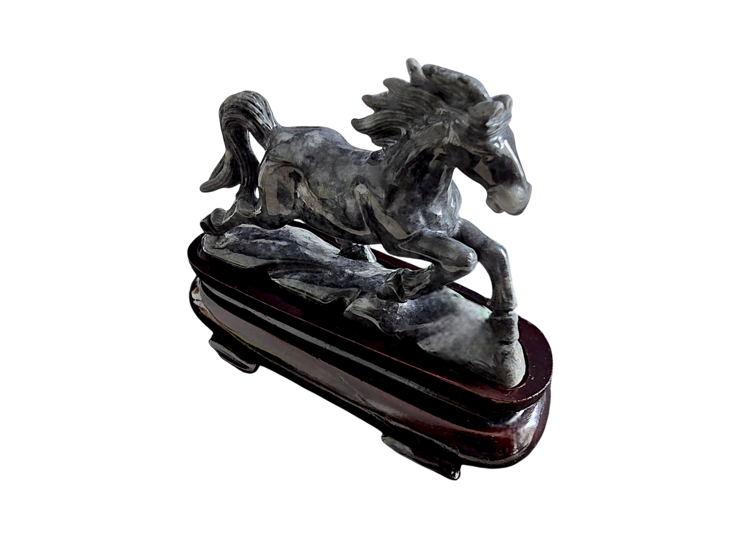 Galloping Horse Black Burmese A-Jadeite Ornament Showpiece with a Wooden Stand