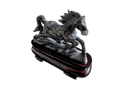 Galloping Horse Black Burmese A-Jadeite Ornament Showpiece with a Wooden Stand