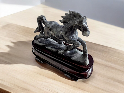 Galloping Horse Black Burmese A-Jadeite Ornament Showpiece with a Wooden Stand