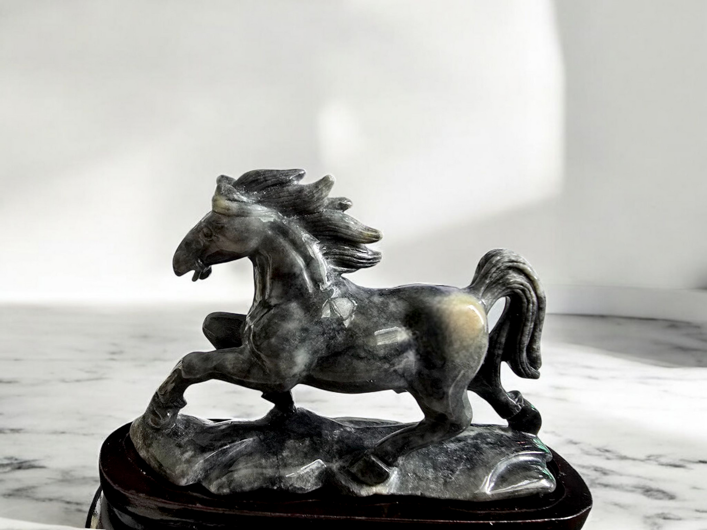 Galloping Horse Black Burmese A-Jadeite Ornament Showpiece with a Wooden Stand