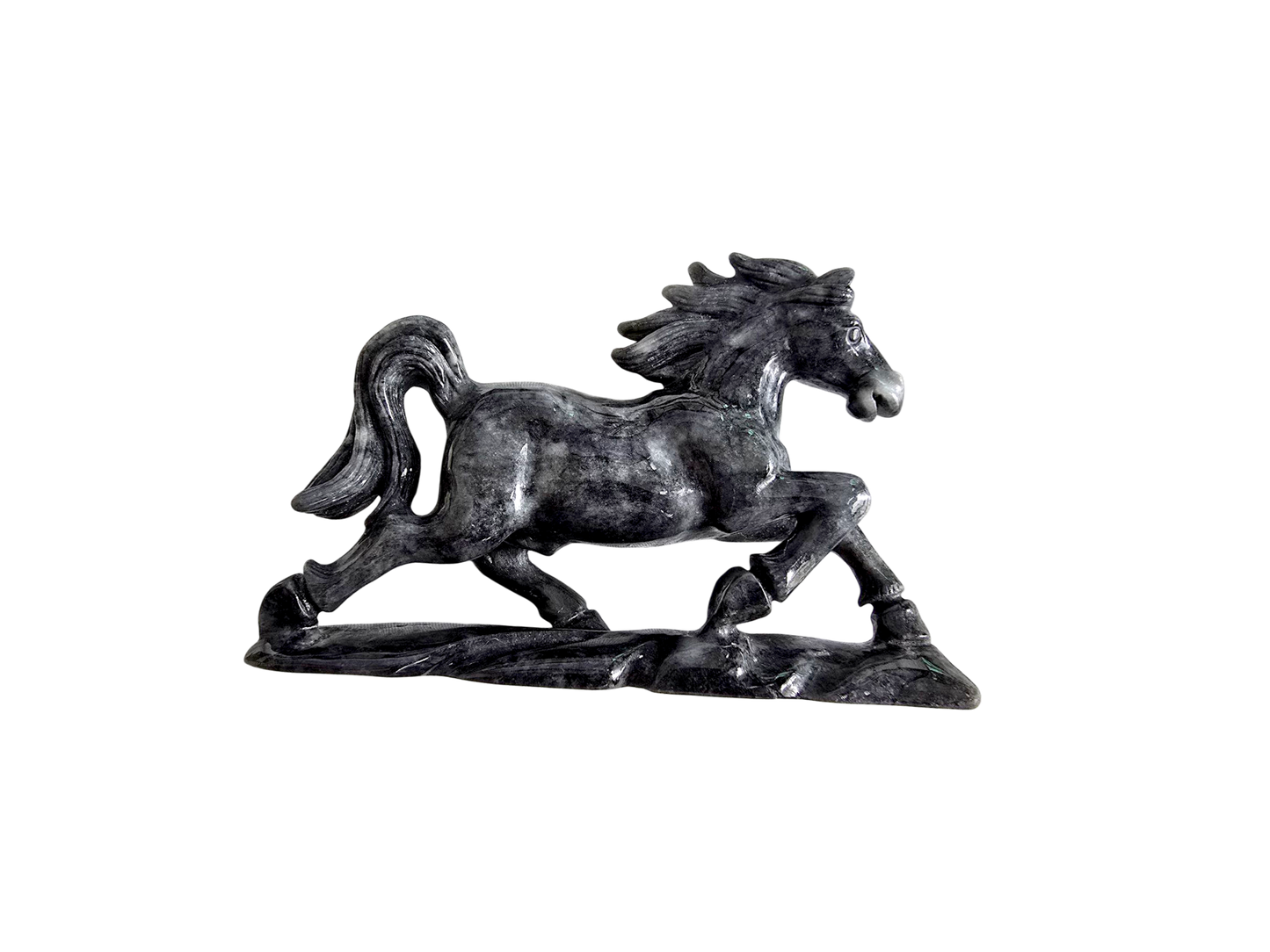 Galloping Horse Black Burmese A-Jadeite Ornament Showpiece with a Wooden Stand