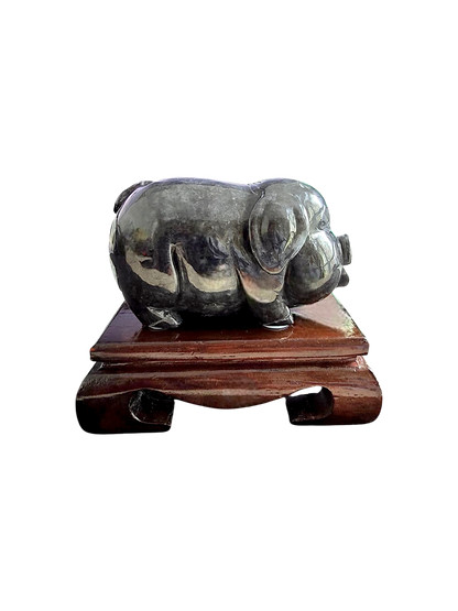 Playful Pig Black Burmese A-Jadeite Ornament Showpiece with a Wooden Stand