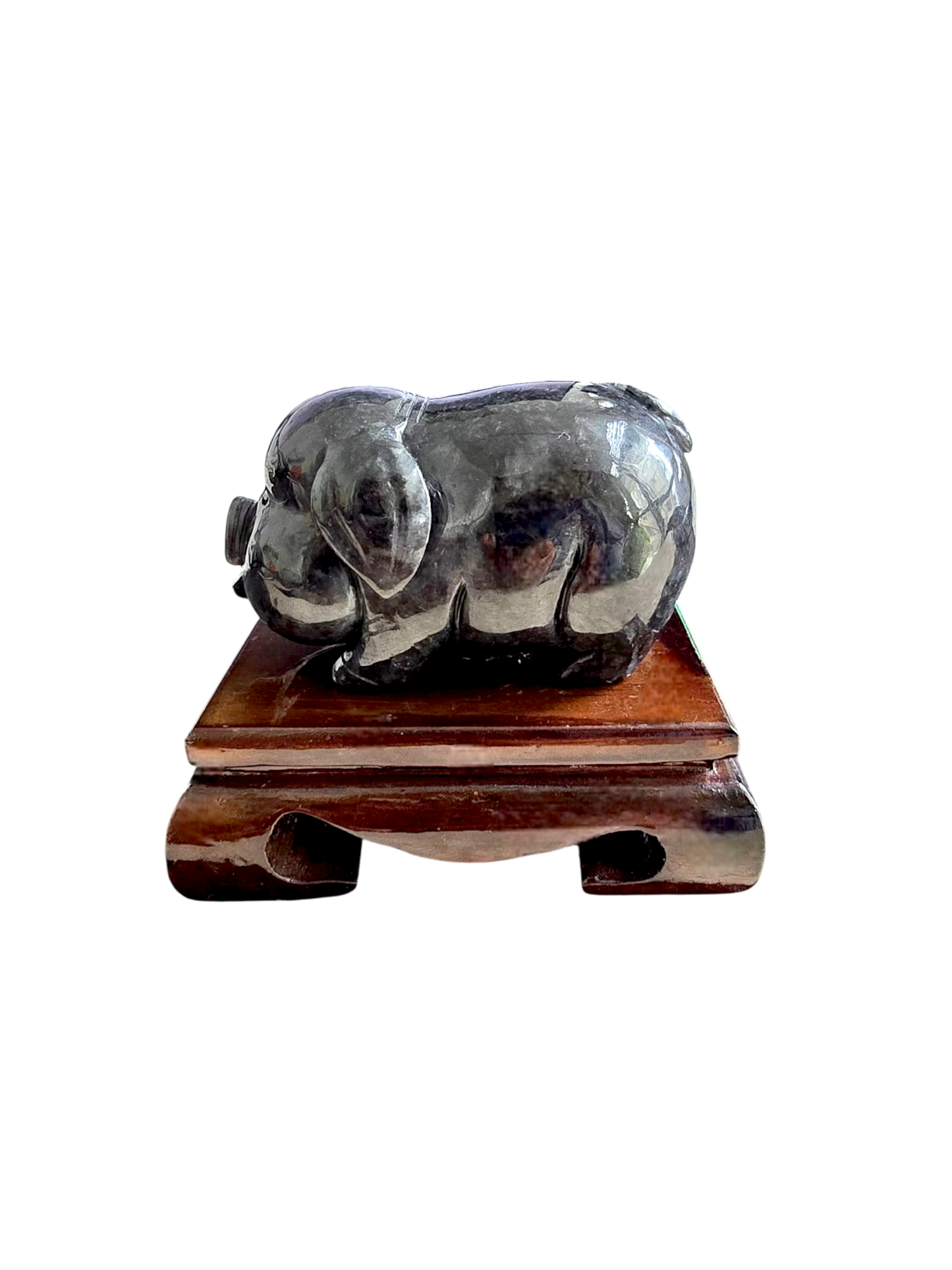 Playful Pig Black Burmese A-Jadeite Ornament Showpiece with a Wooden Stand