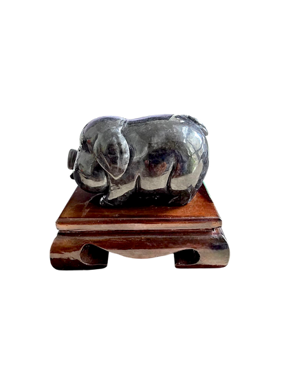 Playful Pig Black Burmese A-Jadeite Ornament Showpiece with a Wooden Stand