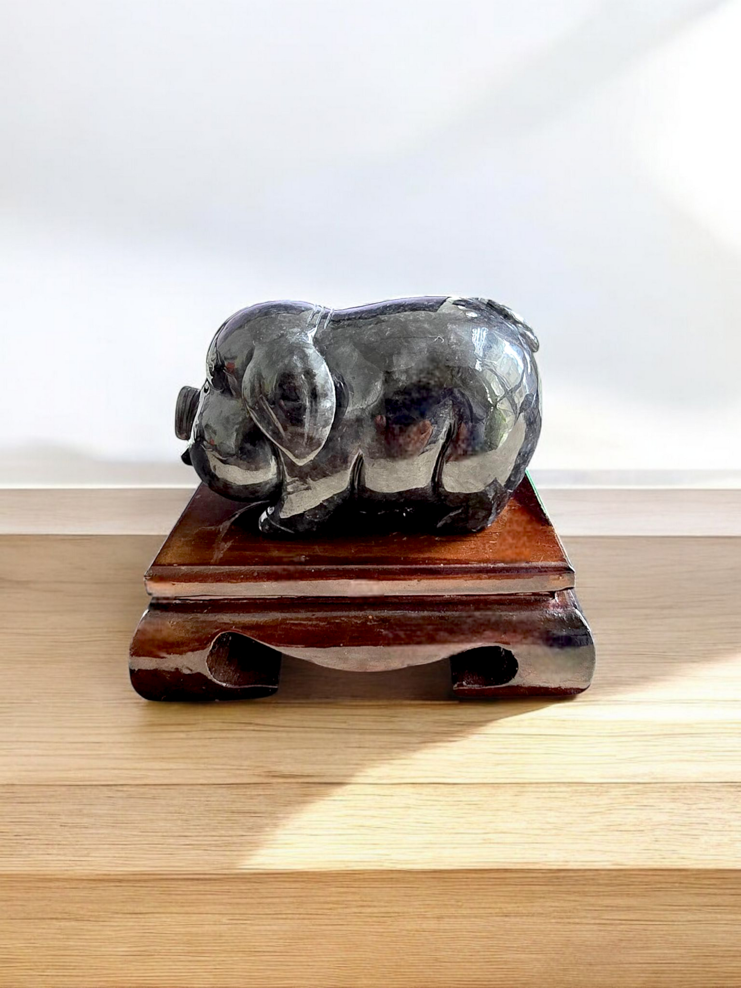 Playful Pig Black Burmese A-Jadeite Ornament Showpiece with a Wooden Stand