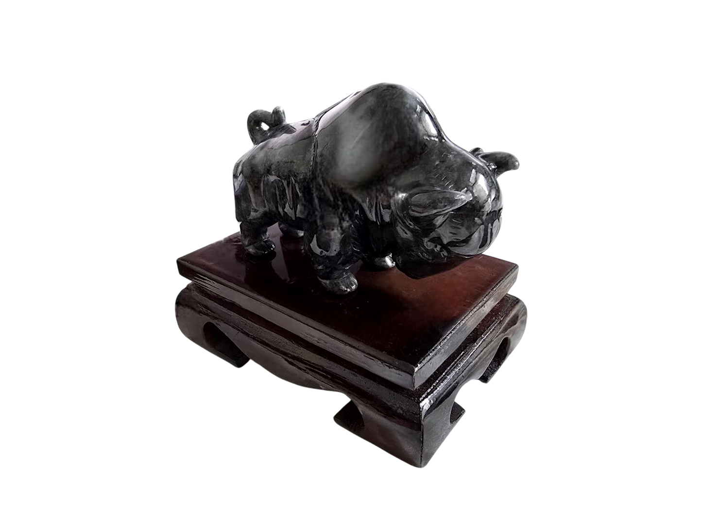 Raging Bull Black Burmese A-Jadeite Ornament Showpiece with a Wooden Stand