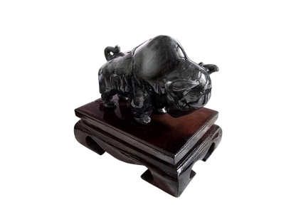 Raging Bull Black Burmese A-Jadeite Ornament Showpiece with a Wooden Stand