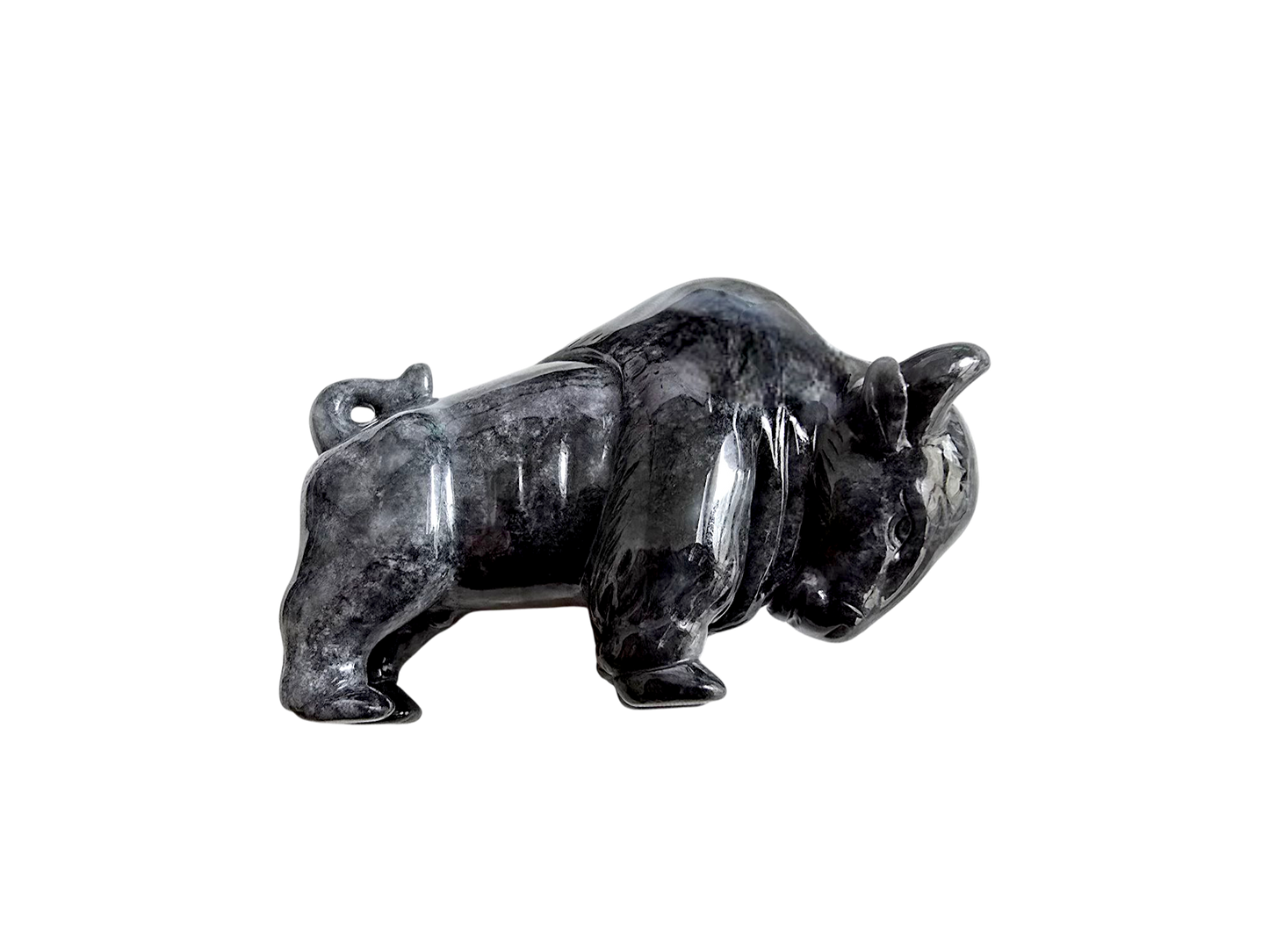 Raging Bull Black Burmese A-Jadeite Ornament Showpiece with a Wooden Stand