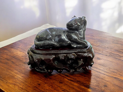 Sitting Horse Black Burmese A-Jadeite Ornament Showpiece with a Wooden Stand