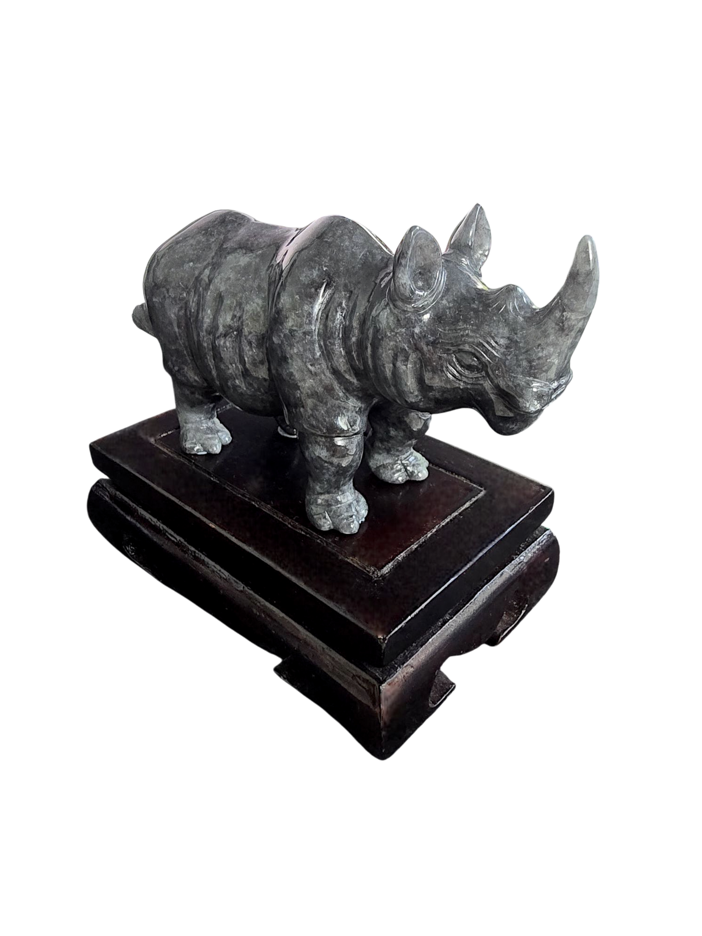 Poised Rhino Black Burmese A-Jadeite Ornament Showpiece with a Wooden Stand