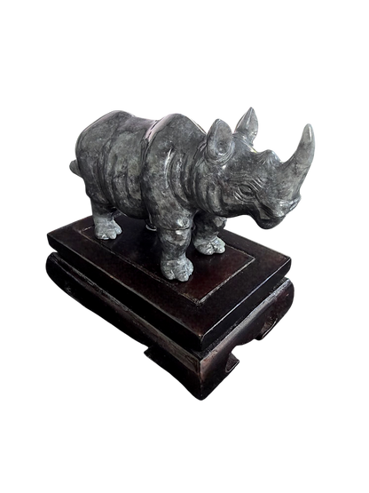 Poised Rhino Black Burmese A-Jadeite Ornament Showpiece with a Wooden Stand