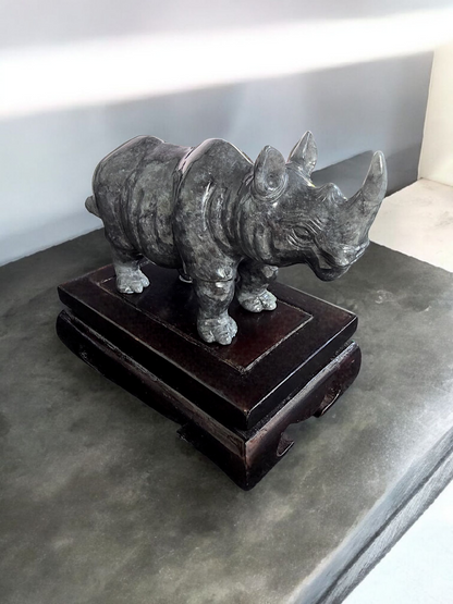 Poised Rhino Black Burmese A-Jadeite Ornament Showpiece with a Wooden Stand