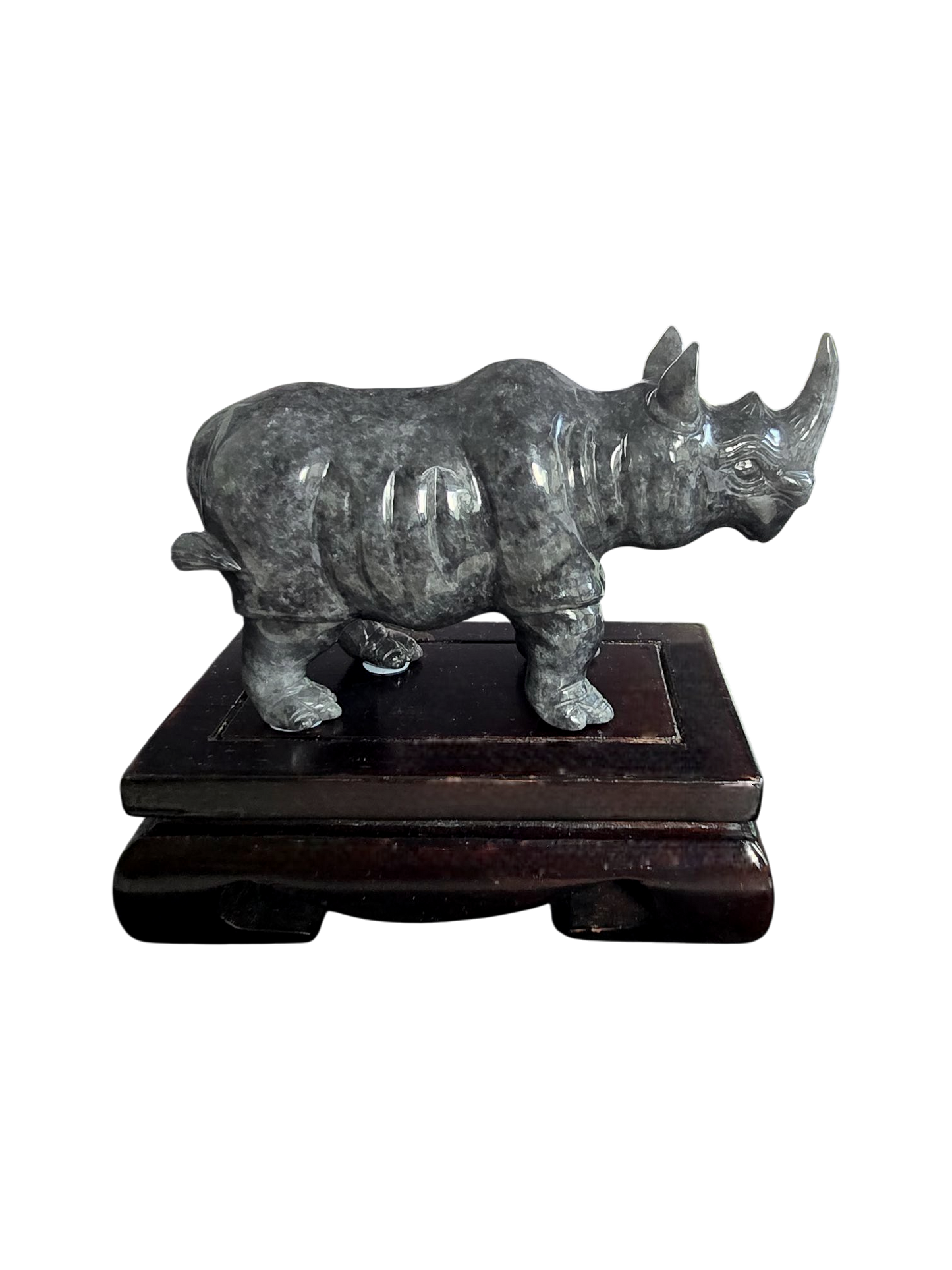 Poised Rhino Black Burmese A-Jadeite Ornament Showpiece with a Wooden Stand