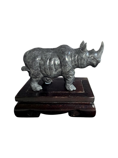 Poised Rhino Black Burmese A-Jadeite Ornament Showpiece with a Wooden Stand