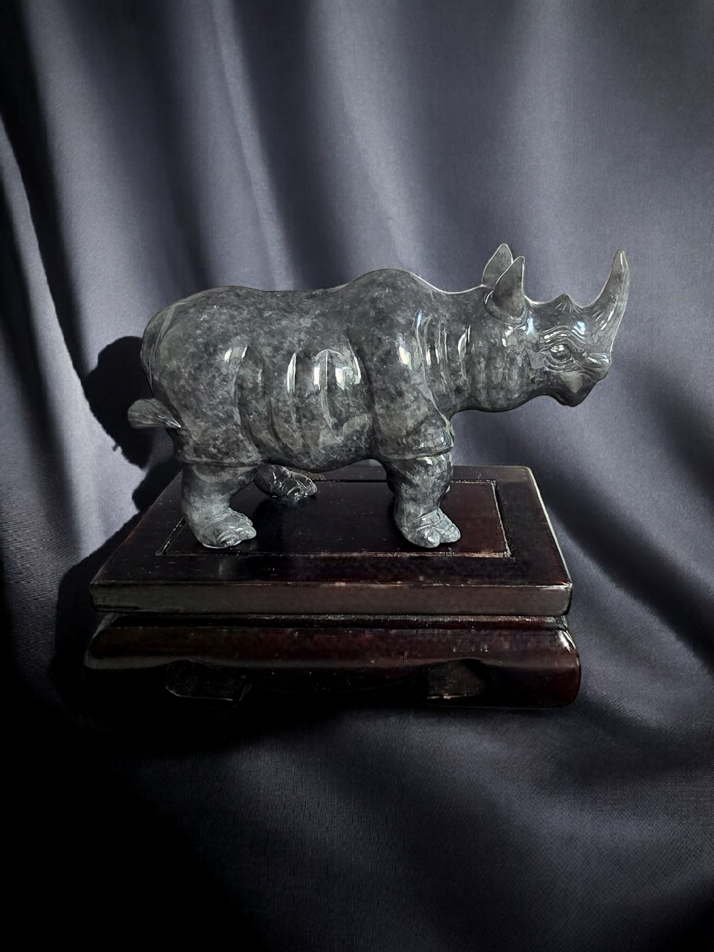 Poised Rhino Black Burmese A-Jadeite Ornament Showpiece with a Wooden Stand