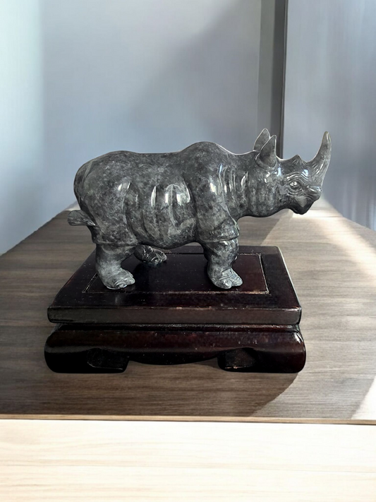 Poised Rhino Black Burmese A-Jadeite Ornament Showpiece with a Wooden Stand