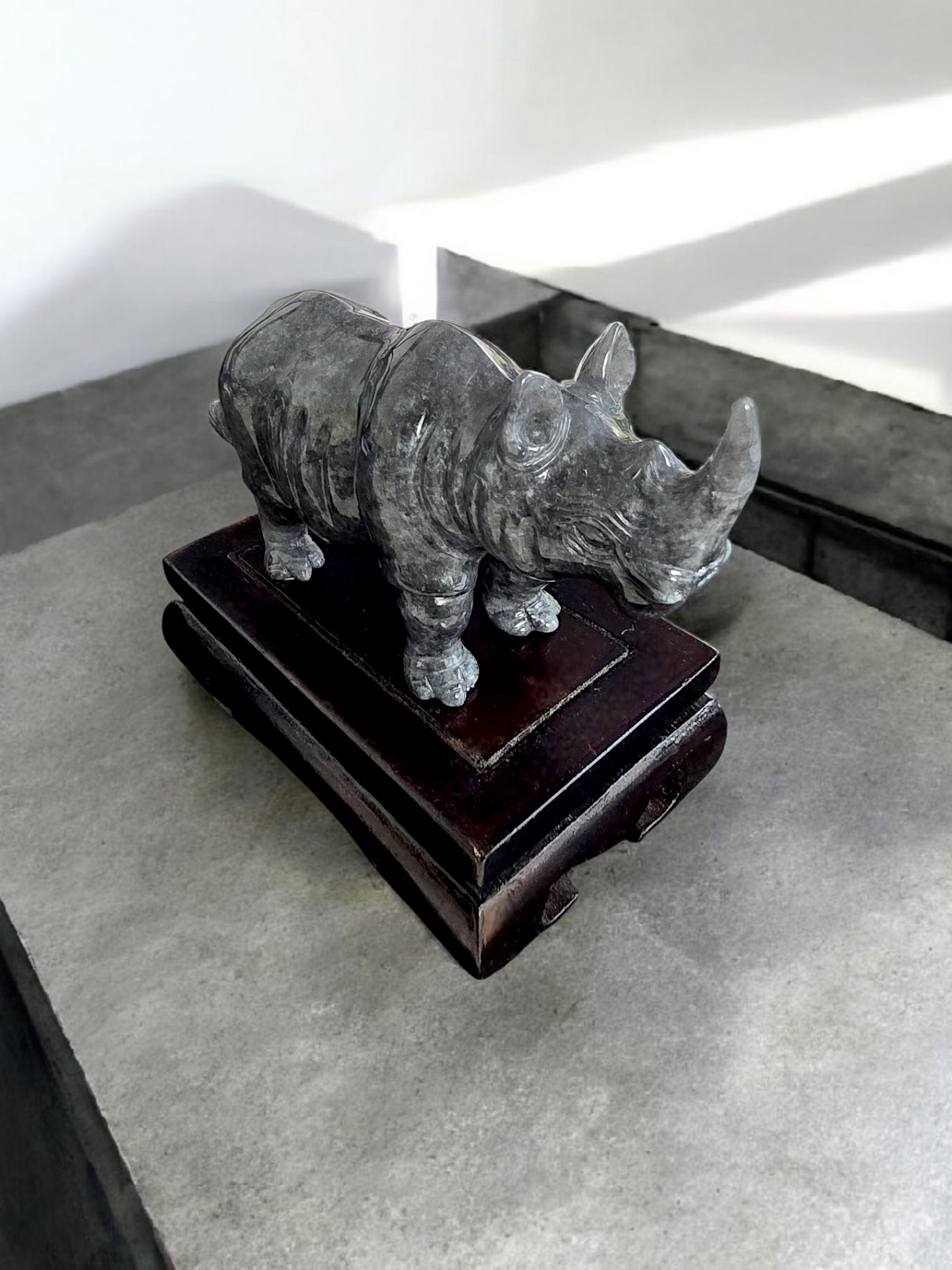 Poised Rhino Black Burmese A-Jadeite Ornament Showpiece with a Wooden Stand