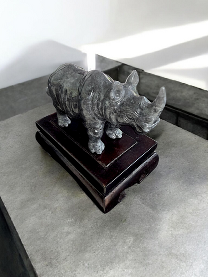 Poised Rhino Black Burmese A-Jadeite Ornament Showpiece with a Wooden Stand