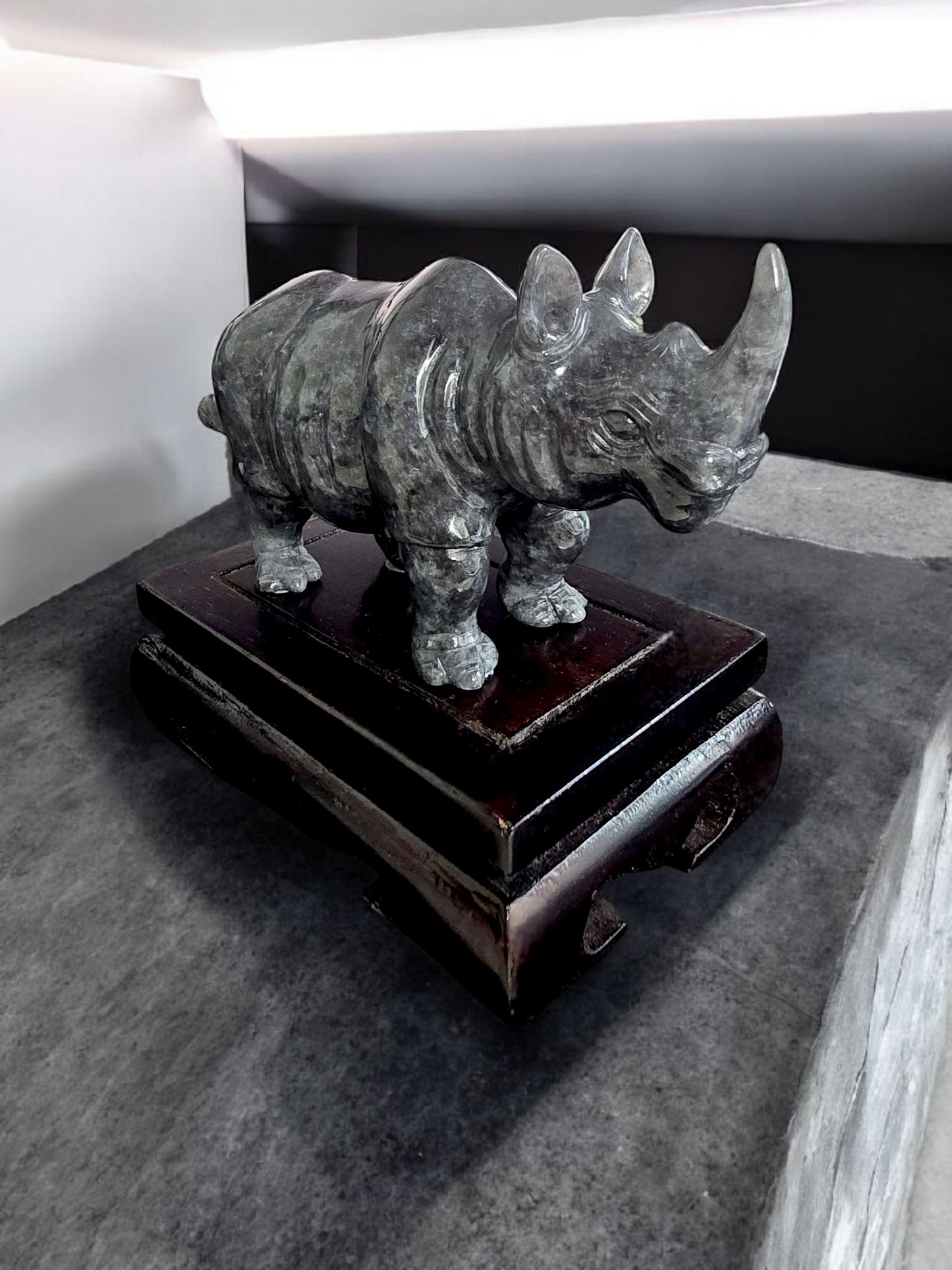 Poised Rhino Black Burmese A-Jadeite Ornament Showpiece with a Wooden Stand