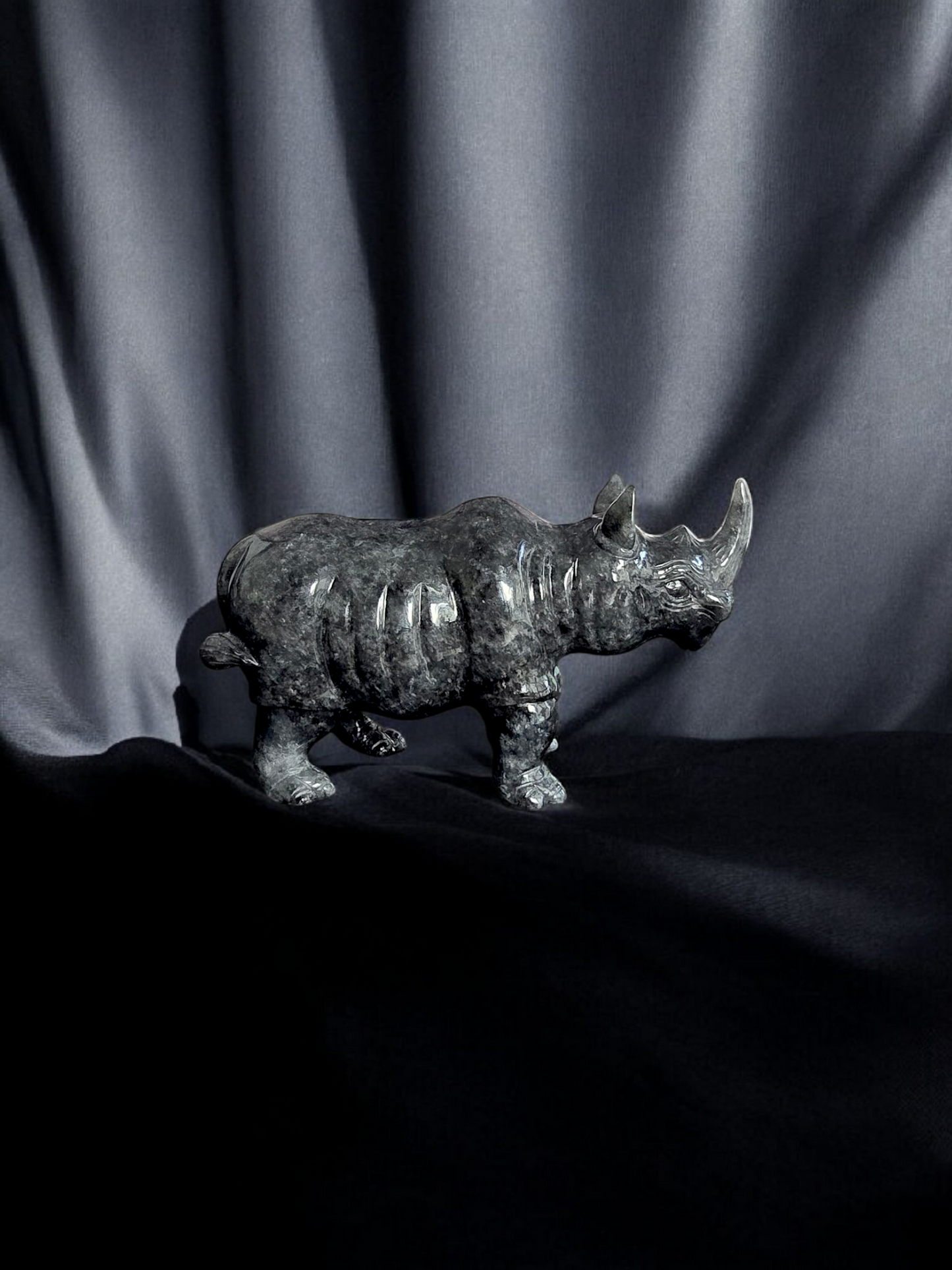 Poised Rhino Black Burmese A-Jadeite Ornament Showpiece with a Wooden Stand