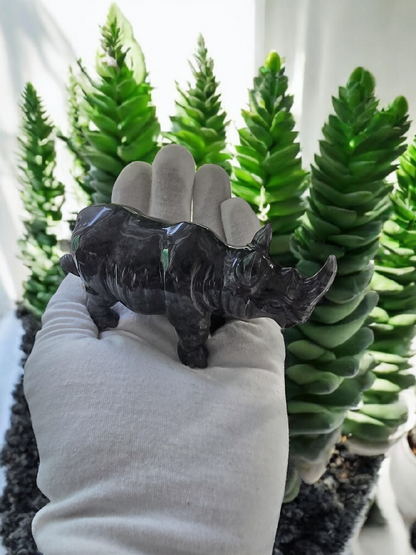 Poised Rhino Black Burmese A-Jadeite Ornament Showpiece with a Wooden Stand