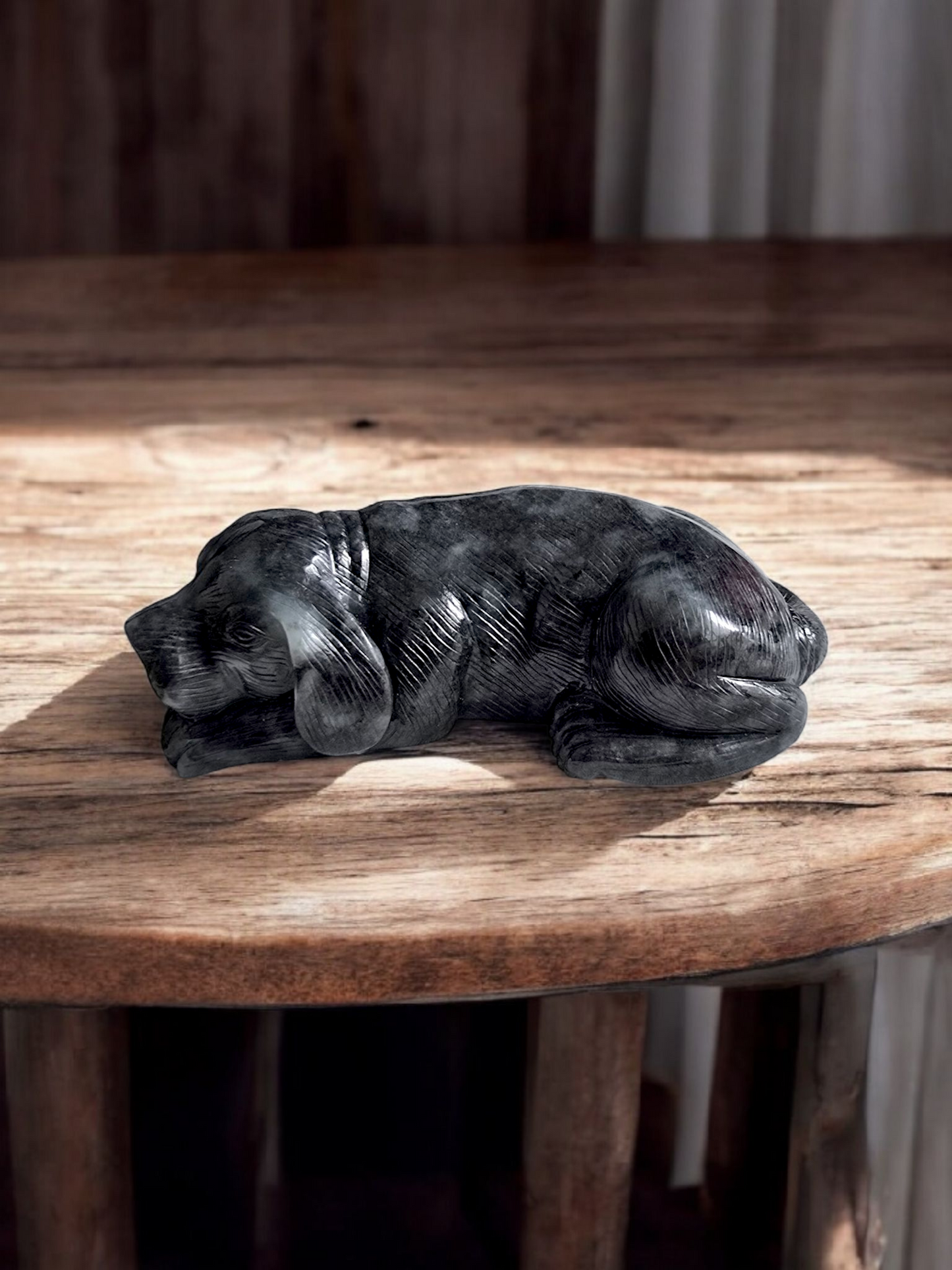 Protective Dog Black Burmese A-Jadeite Ornament Showpiece with a Wooden Stand