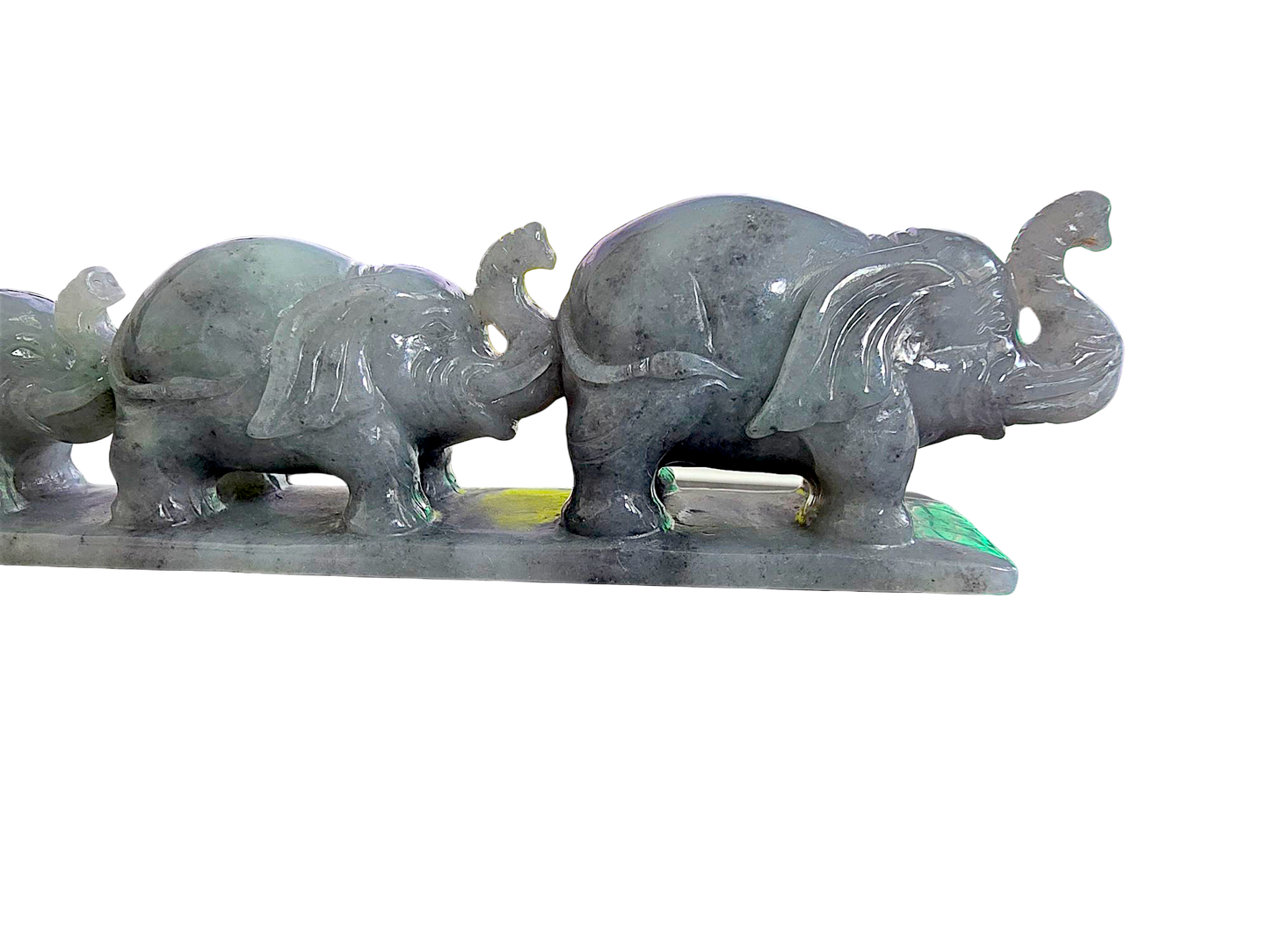 The Growth of Elephants Grey and Green Burmese A-Jadeite Ornament Showpiece with a Wooden Stand