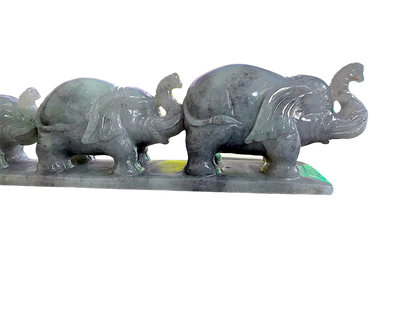 The Growth of Elephants Grey and Green Burmese A-Jadeite Ornament Showpiece with a Wooden Stand