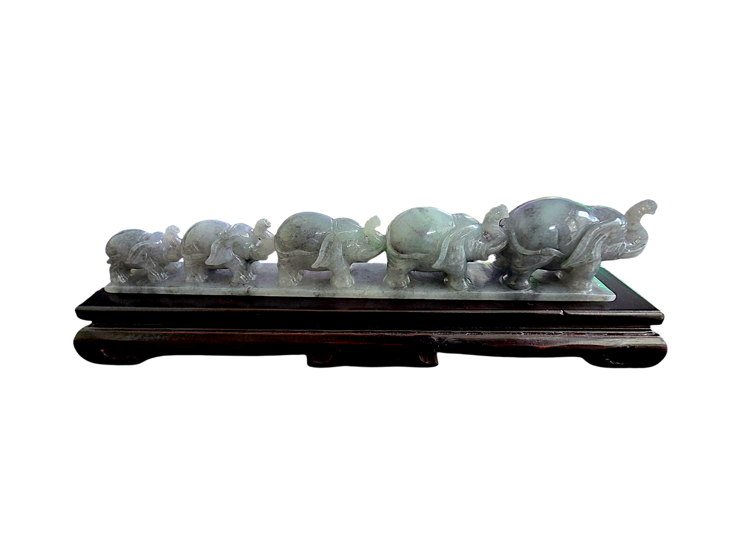 The Growth of Elephants Grey and Green Burmese A-Jadeite Ornament Showpiece with a Wooden Stand