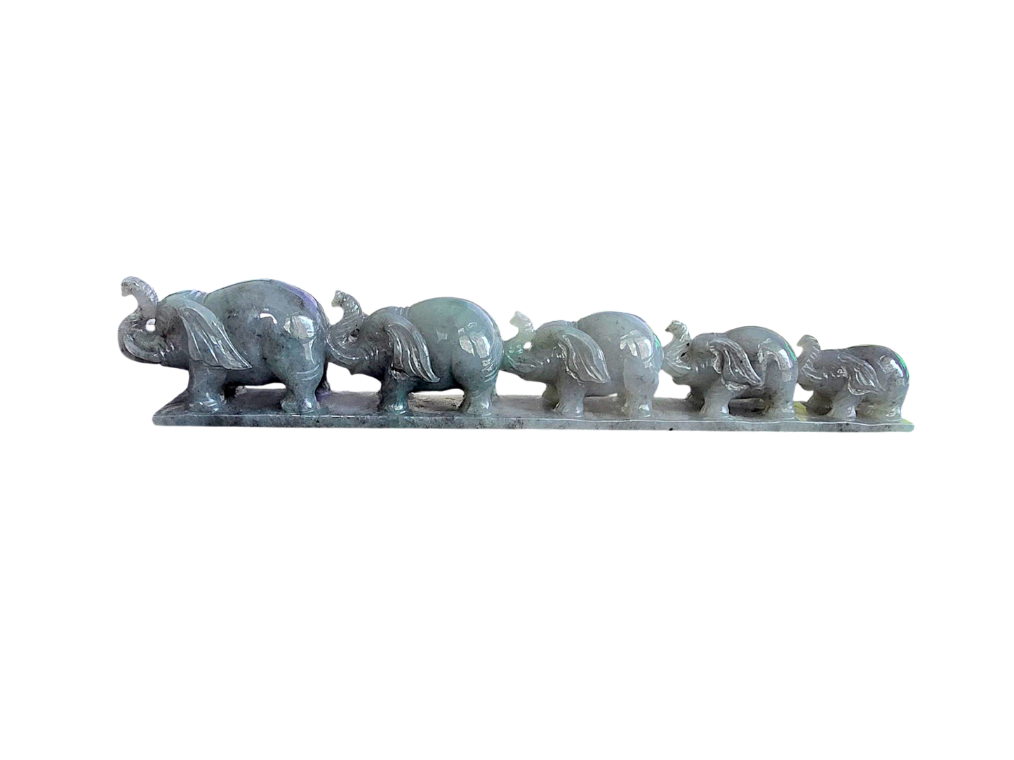 The Growth of Elephants Grey and Green Burmese A-Jadeite Ornament Showpiece with a Wooden Stand