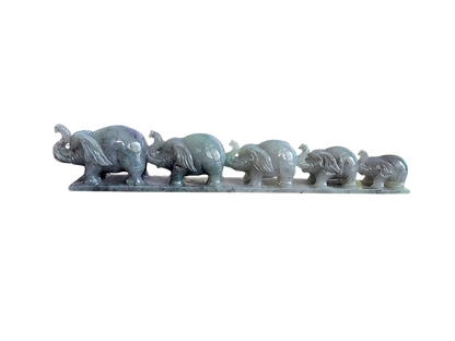 The Growth of Elephants Grey and Green Burmese A-Jadeite Ornament Showpiece with a Wooden Stand