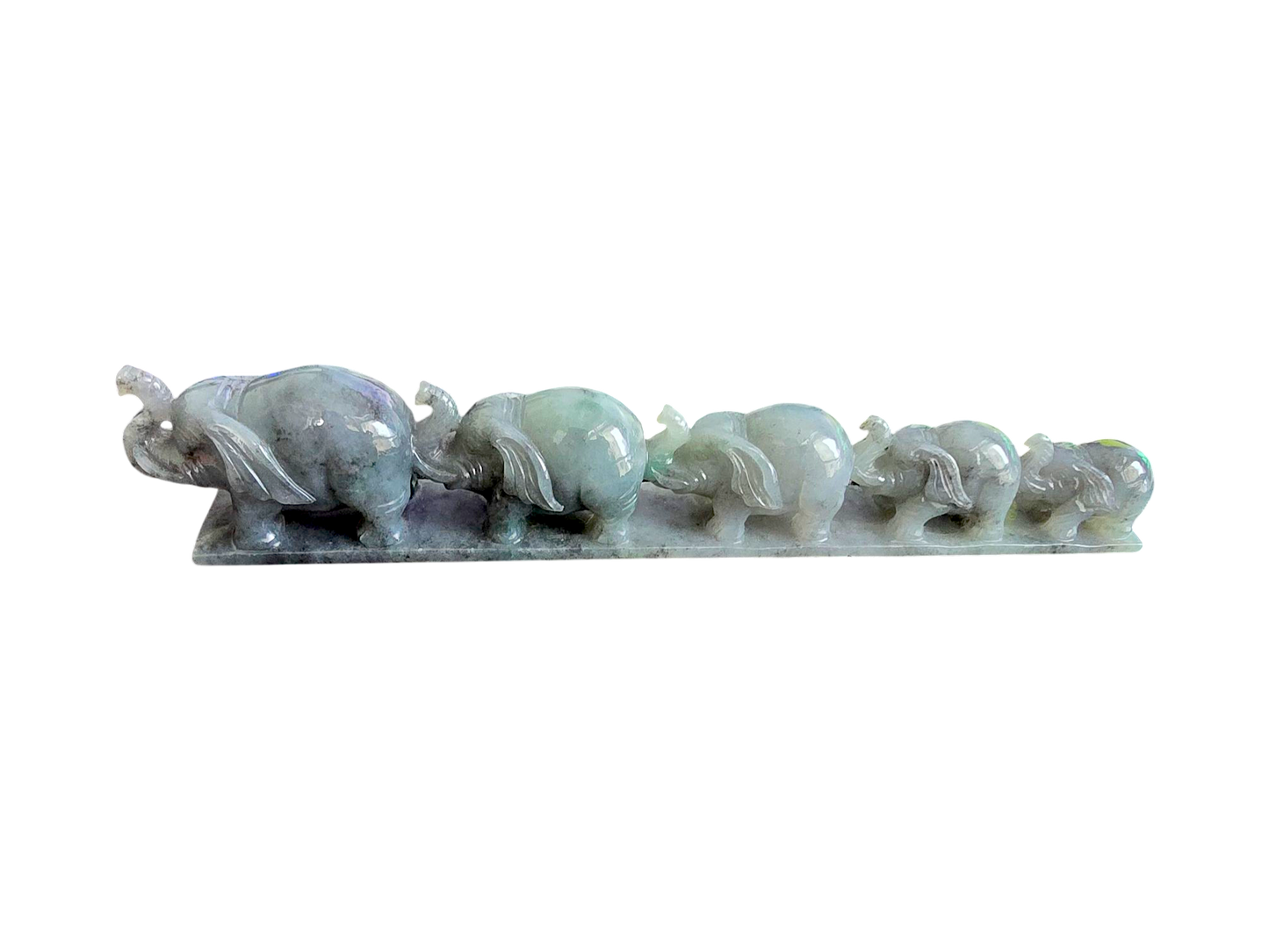 The Growth of Elephants Grey and Green Burmese A-Jadeite Ornament Showpiece with a Wooden Stand