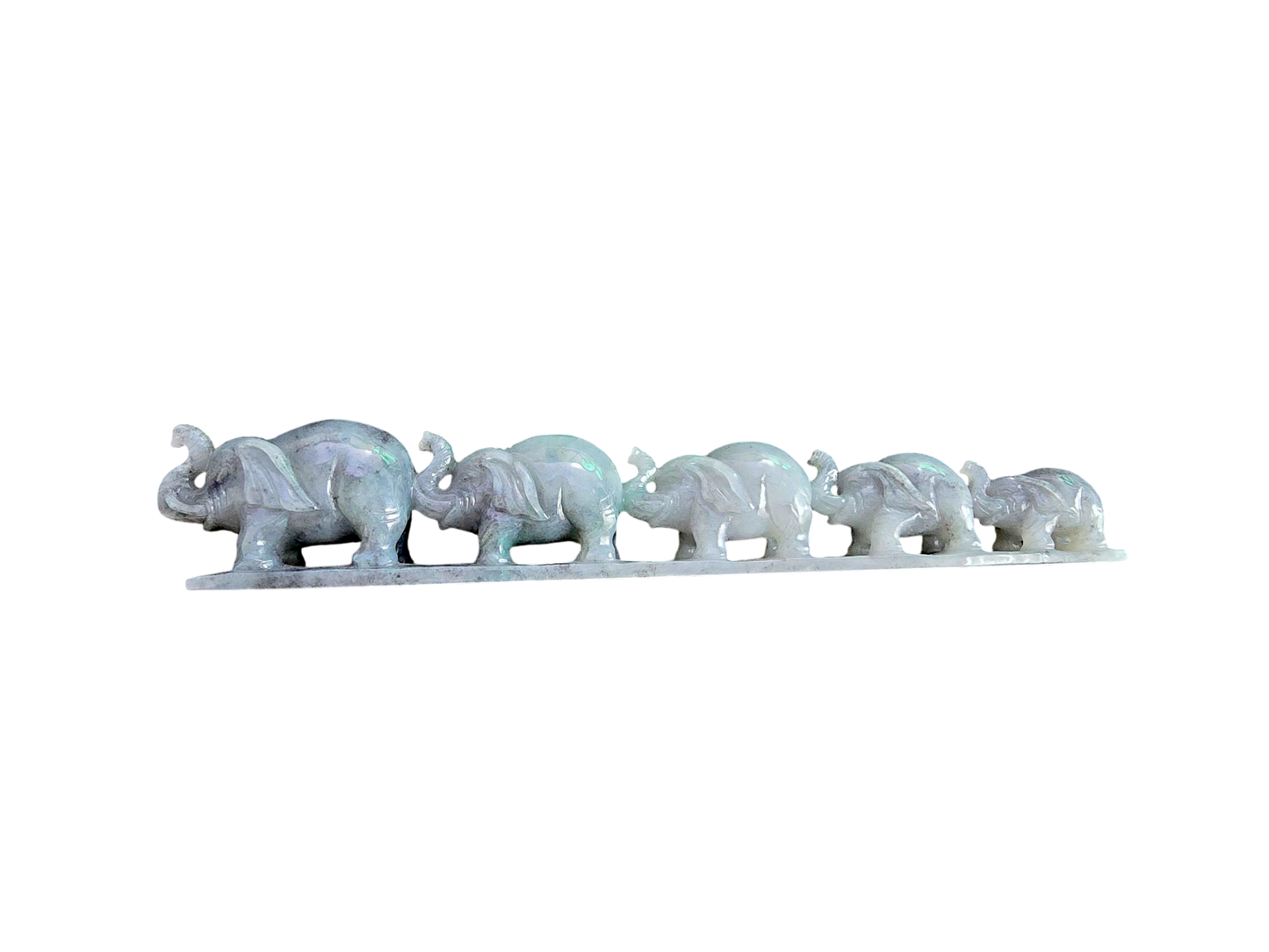 The Growth of Elephants Grey and Green Burmese A-Jadeite Ornament Showpiece with a Wooden Stand