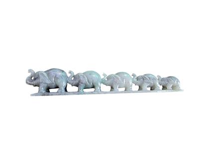 The Growth of Elephants Grey and Green Burmese A-Jadeite Ornament Showpiece with a Wooden Stand