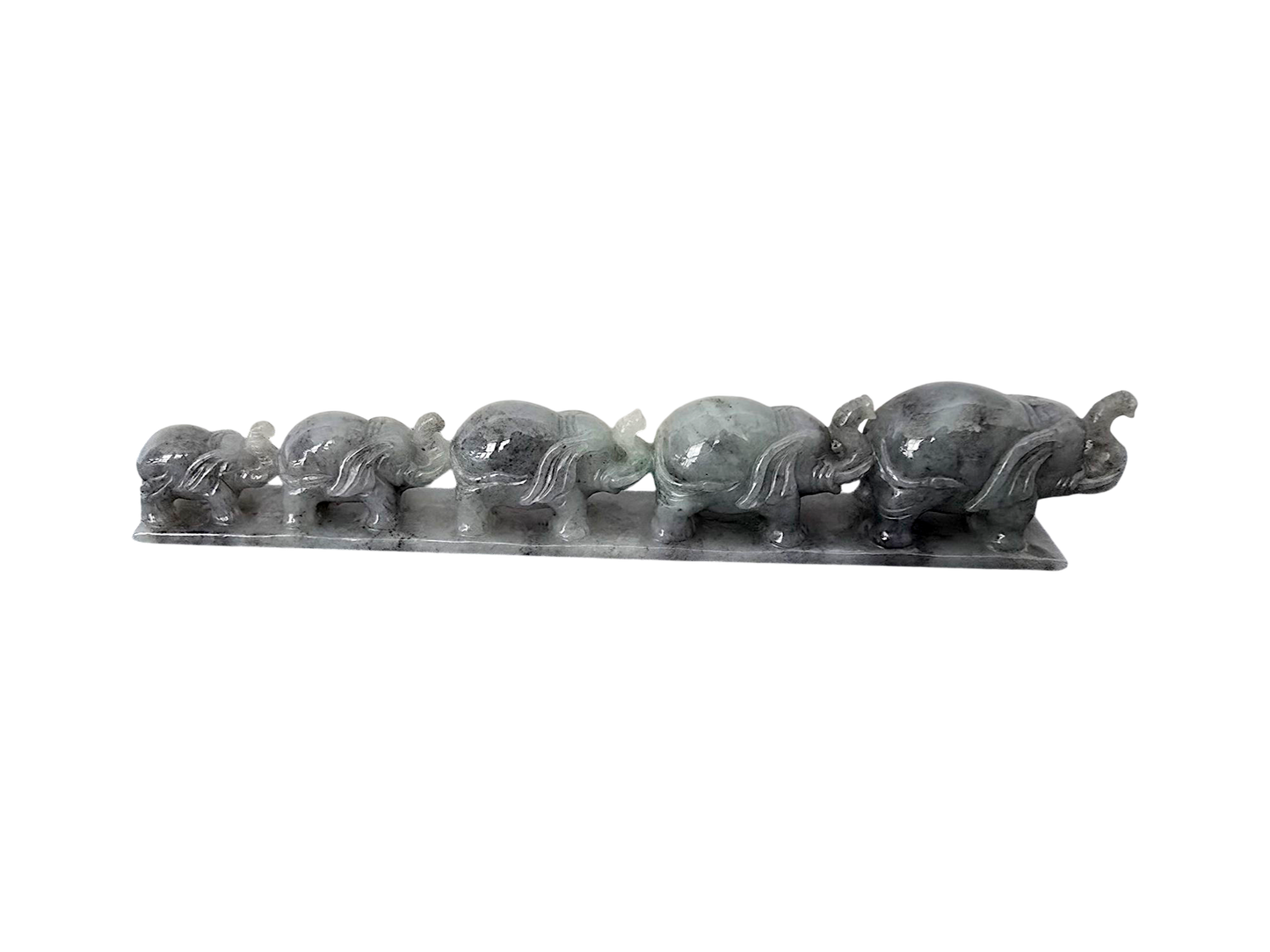 The Growth of Elephants Grey and Green Burmese A-Jadeite Ornament Showpiece with a Wooden Stand