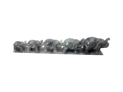 The Growth of Elephants Grey and Green Burmese A-Jadeite Ornament Showpiece with a Wooden Stand