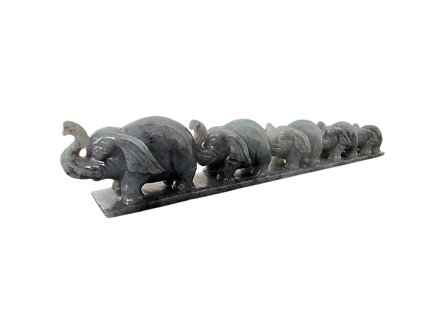 The Growth of Elephants Grey and Green Burmese A-Jadeite Ornament Showpiece with a Wooden Stand