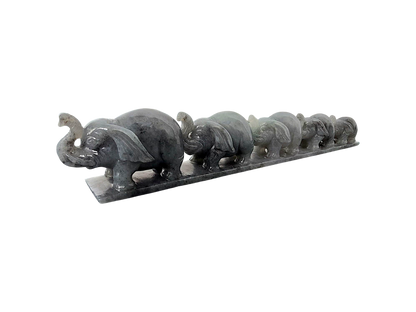 The Growth of Elephants Grey and Green Burmese A-Jadeite Ornament Showpiece with a Wooden Stand