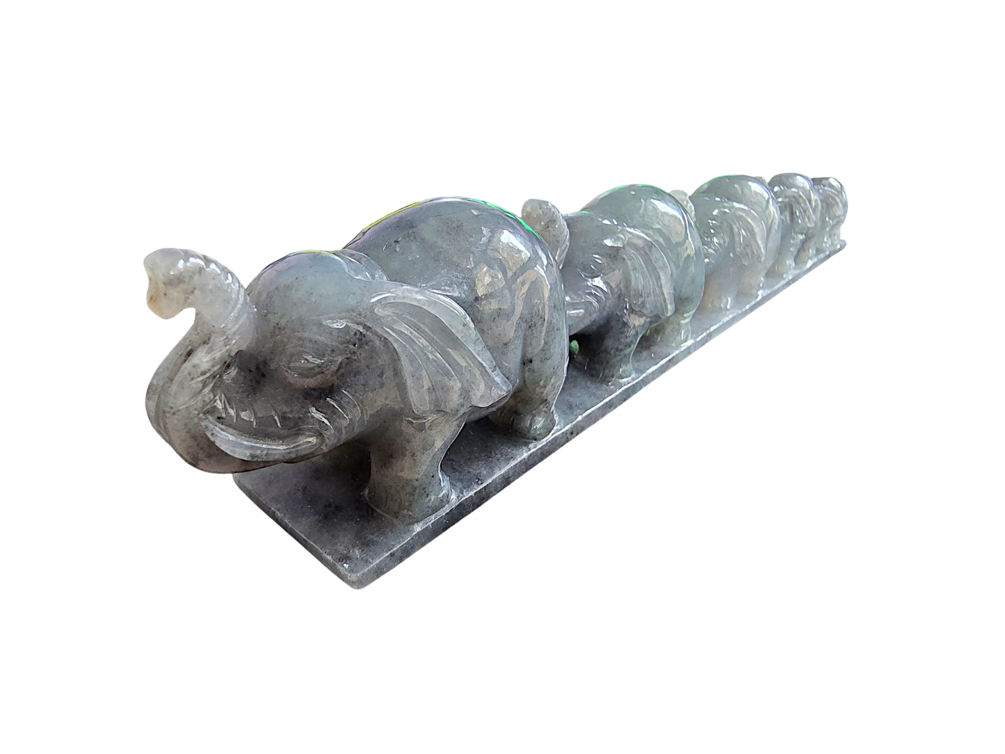 The Growth of Elephants Grey and Green Burmese A-Jadeite Ornament Showpiece with a Wooden Stand